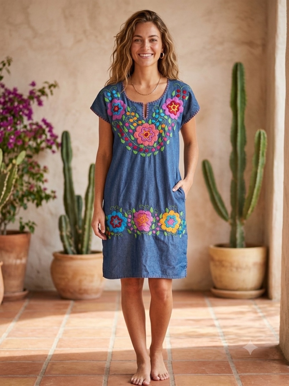 Hand-Embroidered Denim Midi Dress in Blue with Multicolor Floral Accents
